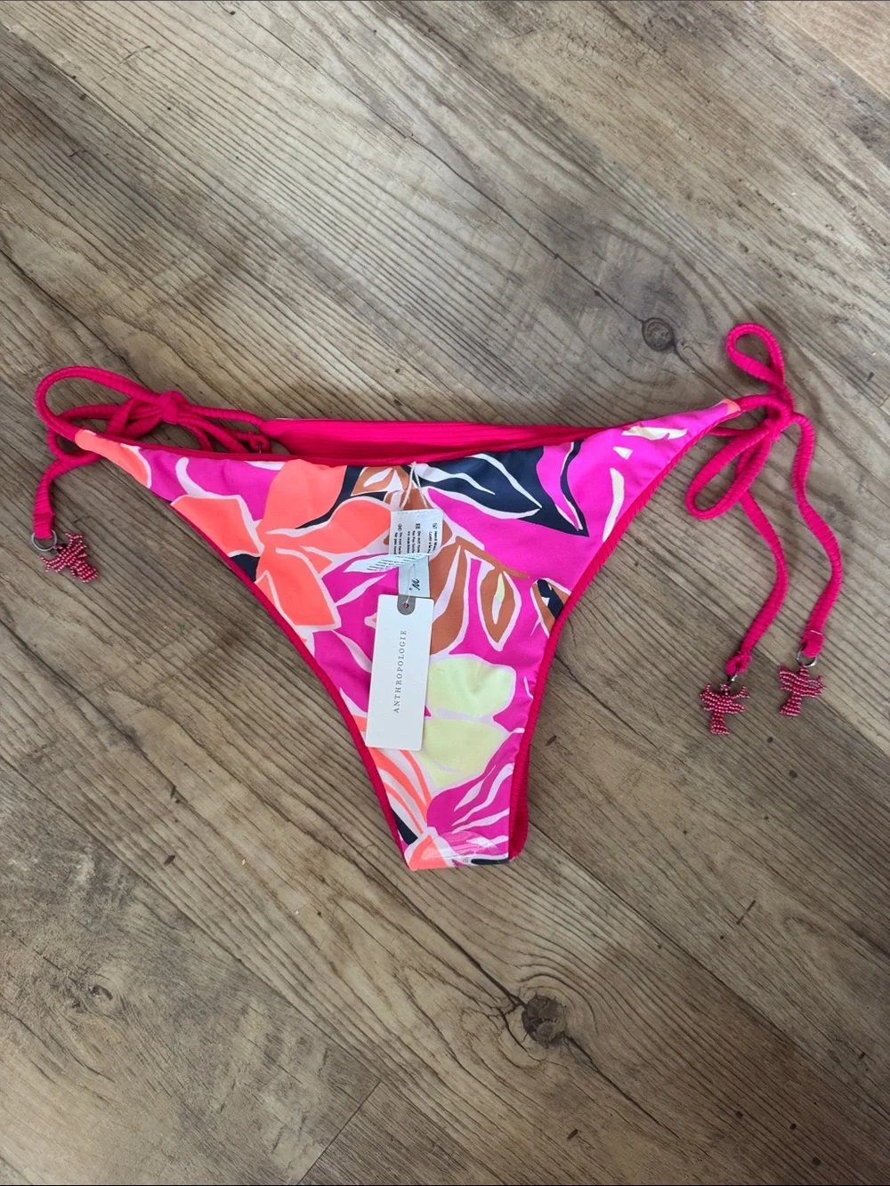 NWT Maaji x Anthropologie Side Tie Pink Floral Reversible Bikini Bottom Sz Large